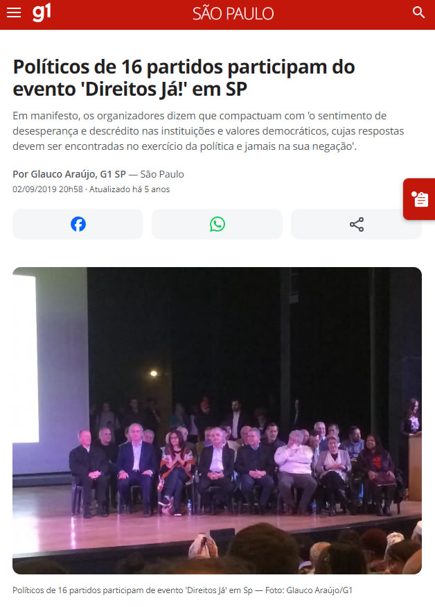 Políticos de 16 partidos participam do evento 'Diretos Já" em SP